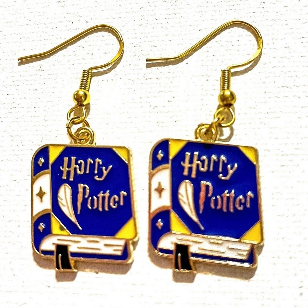 Blue Metal Harry Potter Book Dangle Earrings